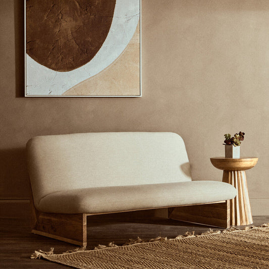 2 Seater Armless Cream Textured Linen Sofa with Wood Base, Parova
