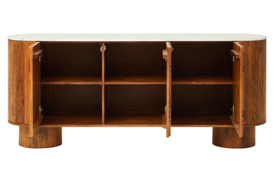 Torcino Mango Wood Carved Design Marble Top Three Door Sideboard