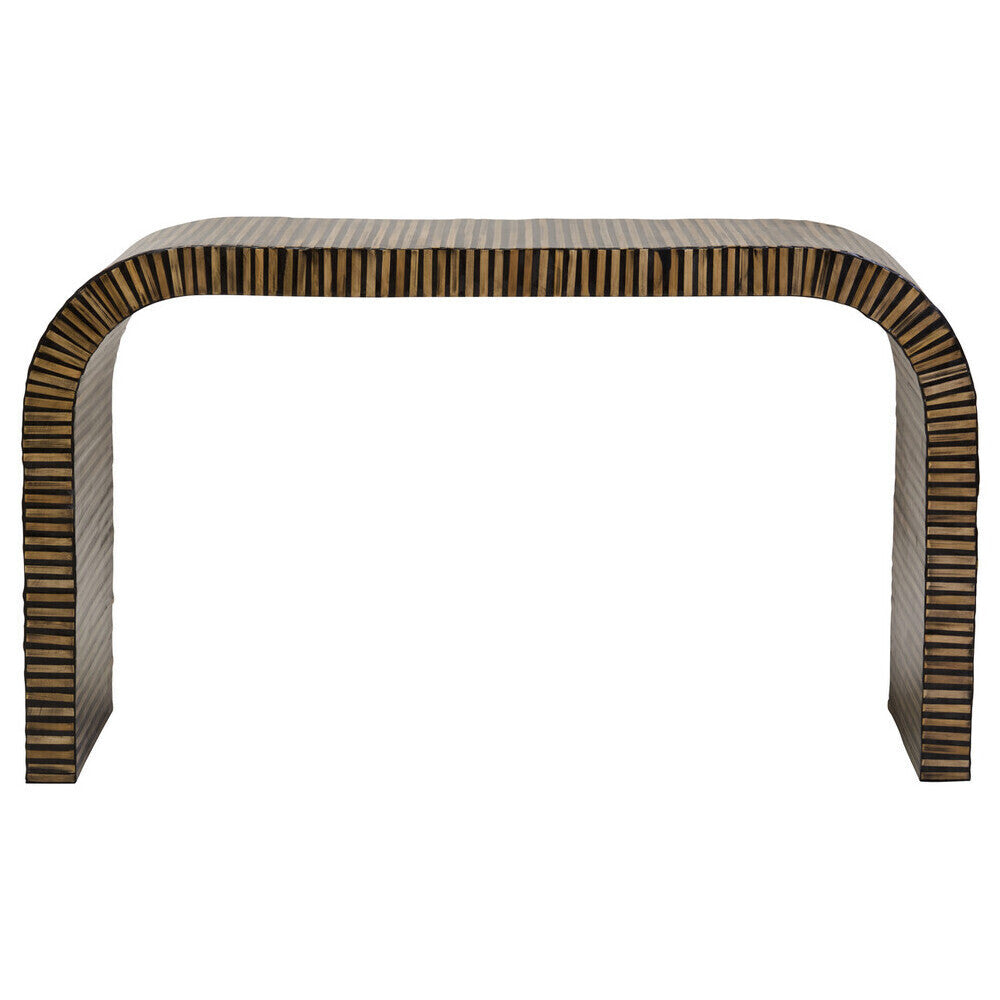 Natural Bamboo Inlay Curved Console Table with Sculptural Striped Design, Bambusa