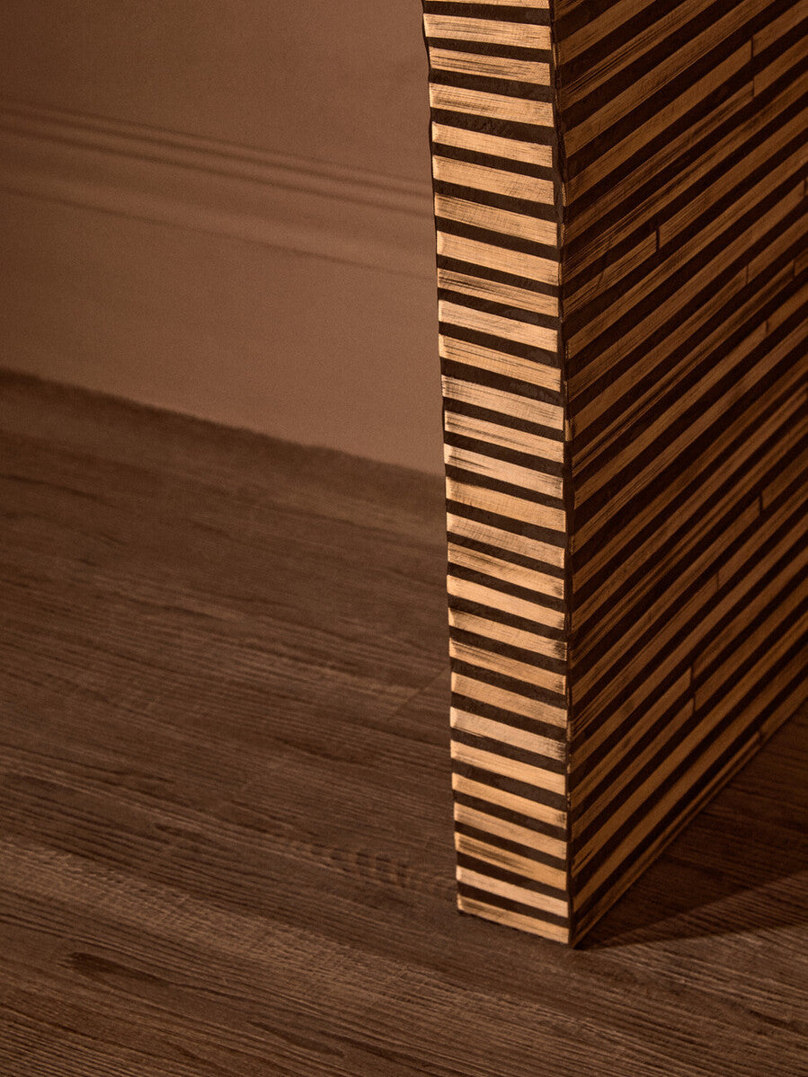 Natural Bamboo Inlay Curved Console Table with Sculptural Striped Design, Bambusa