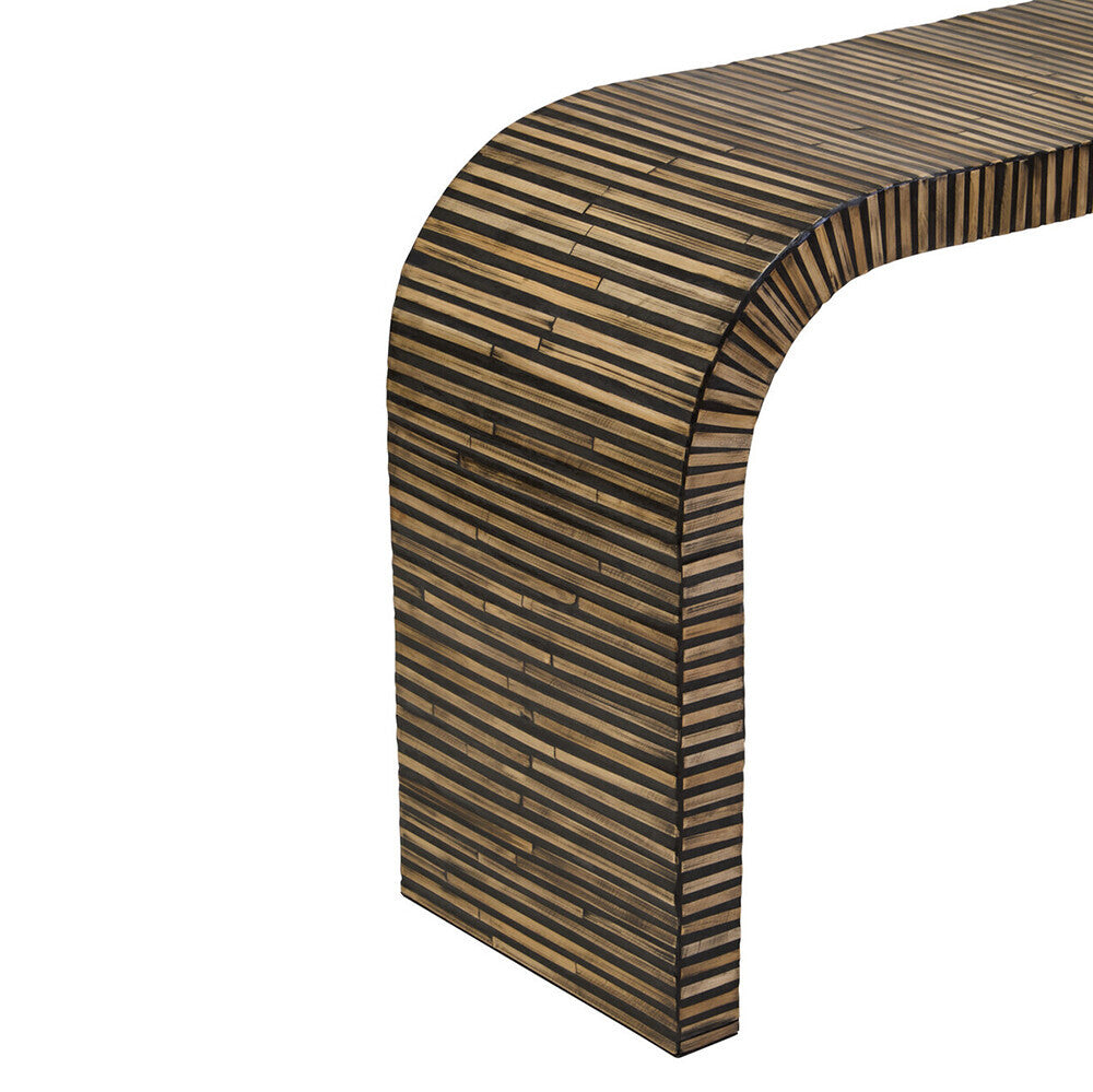 Natural Bamboo Inlay Curved Console Table with Sculptural Striped Design, Bambusa