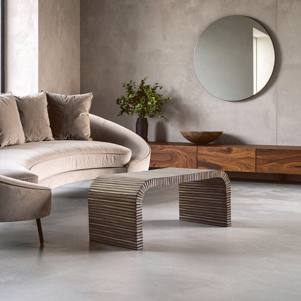 Natural Finish Curved Coffee Table with Striped Bamboo Inlay, Bambusa