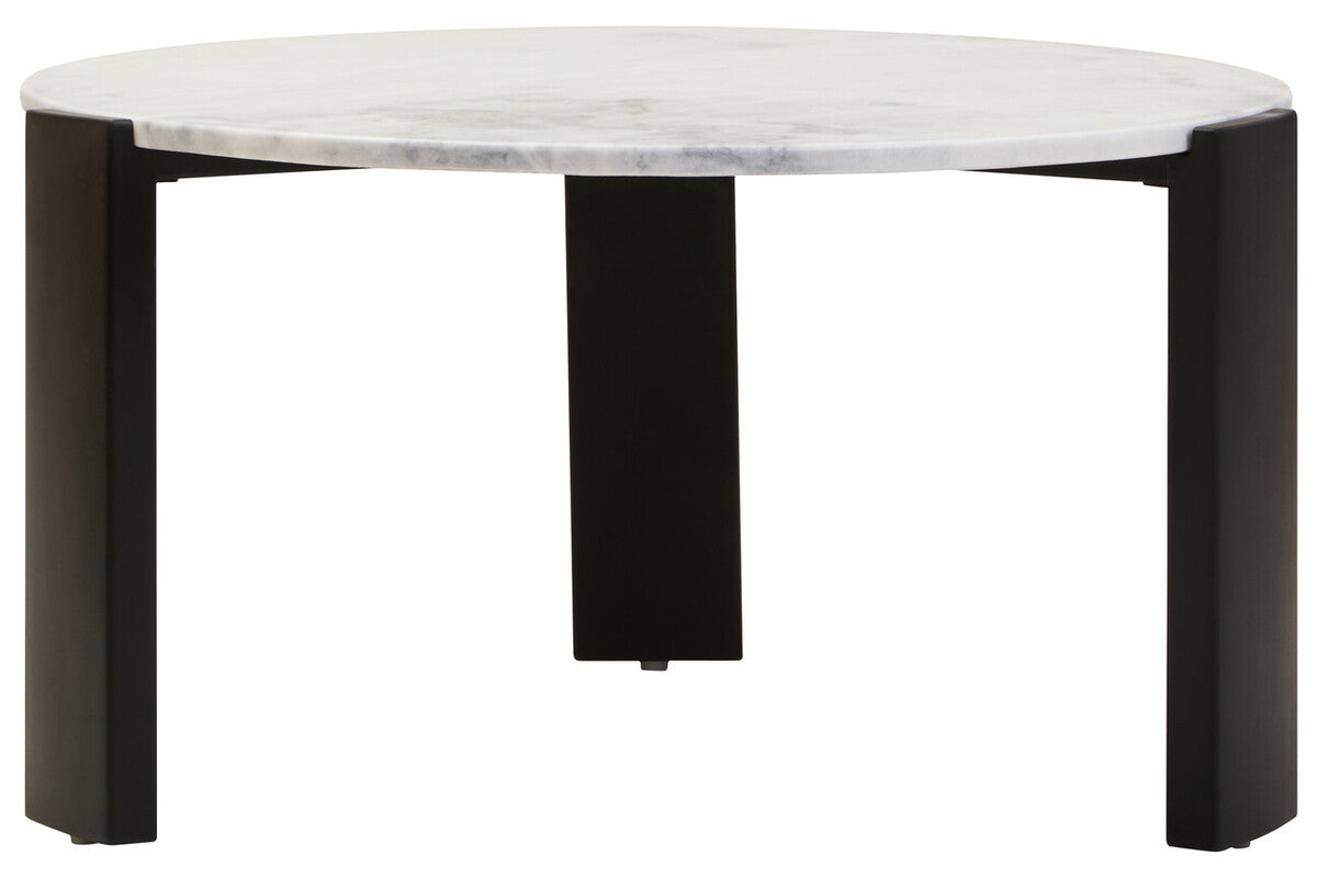 White Round Marble Top Large Coffee Table with Black Acacia Legs, Palermo