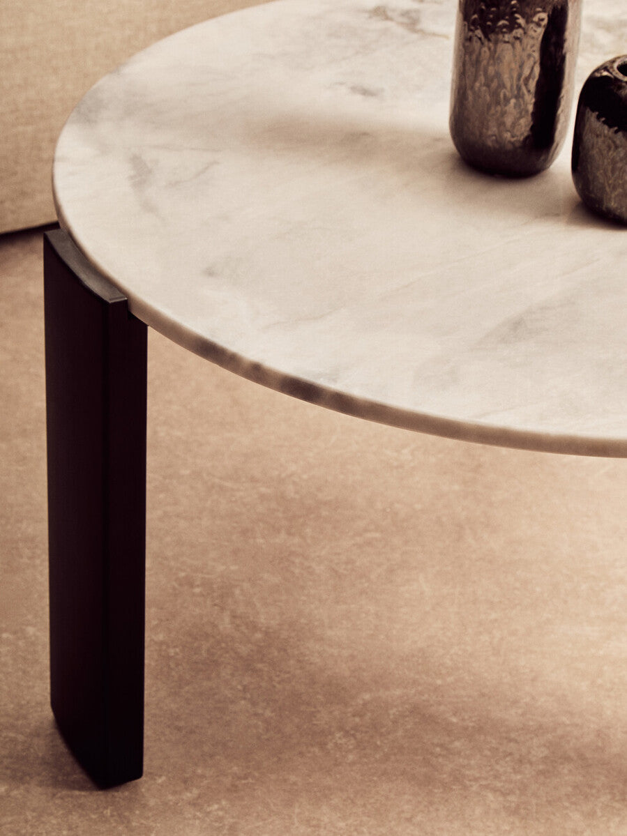 White Round Marble Top Large Coffee Table with Black Acacia Legs, Palermo