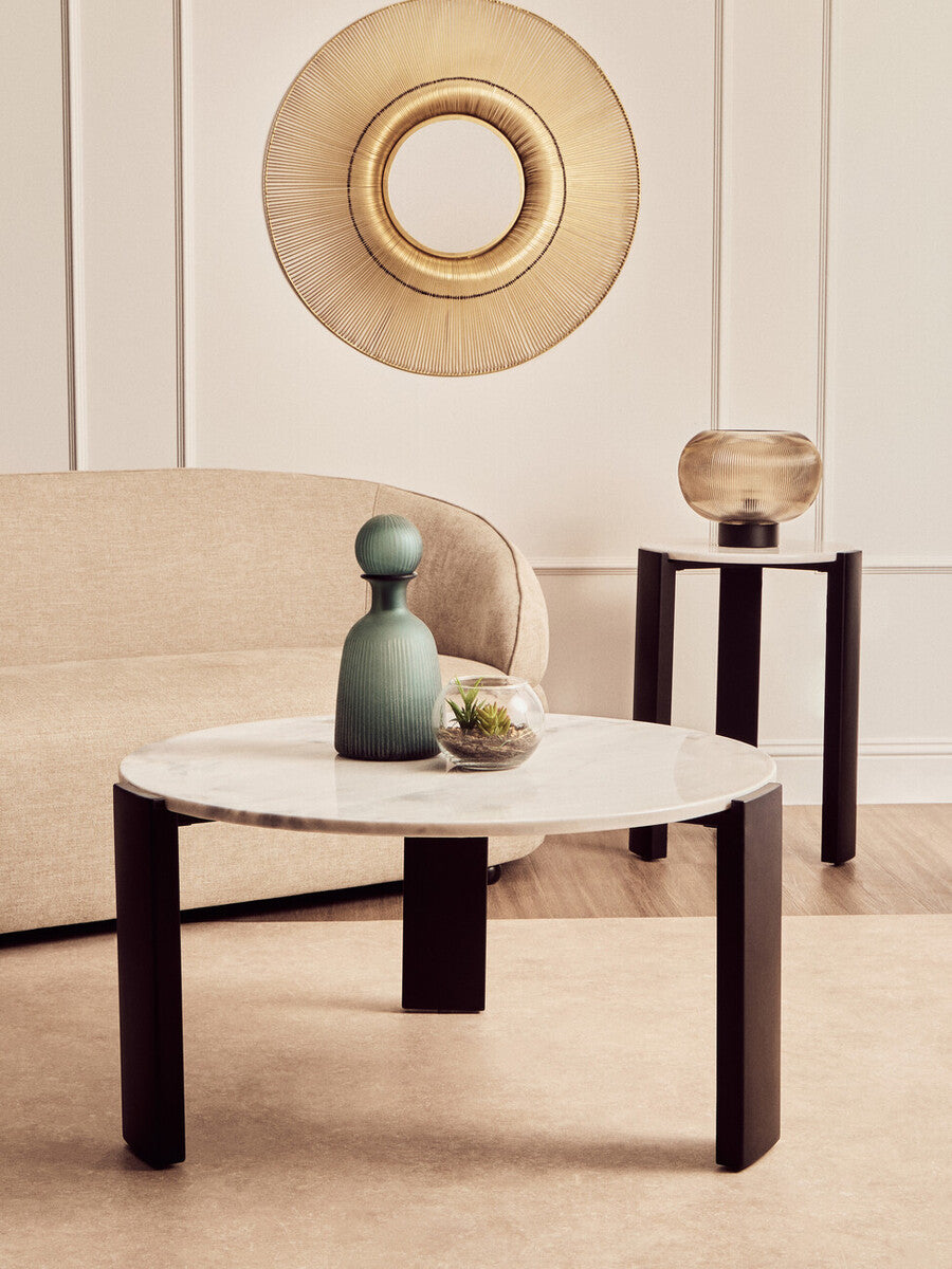 White Round Marble Top Large Coffee Table with Black Acacia Legs, Palermo