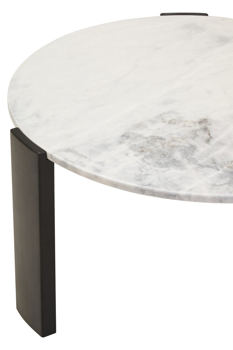 White Round Marble Top Large Coffee Table with Black Acacia Legs, Palermo
