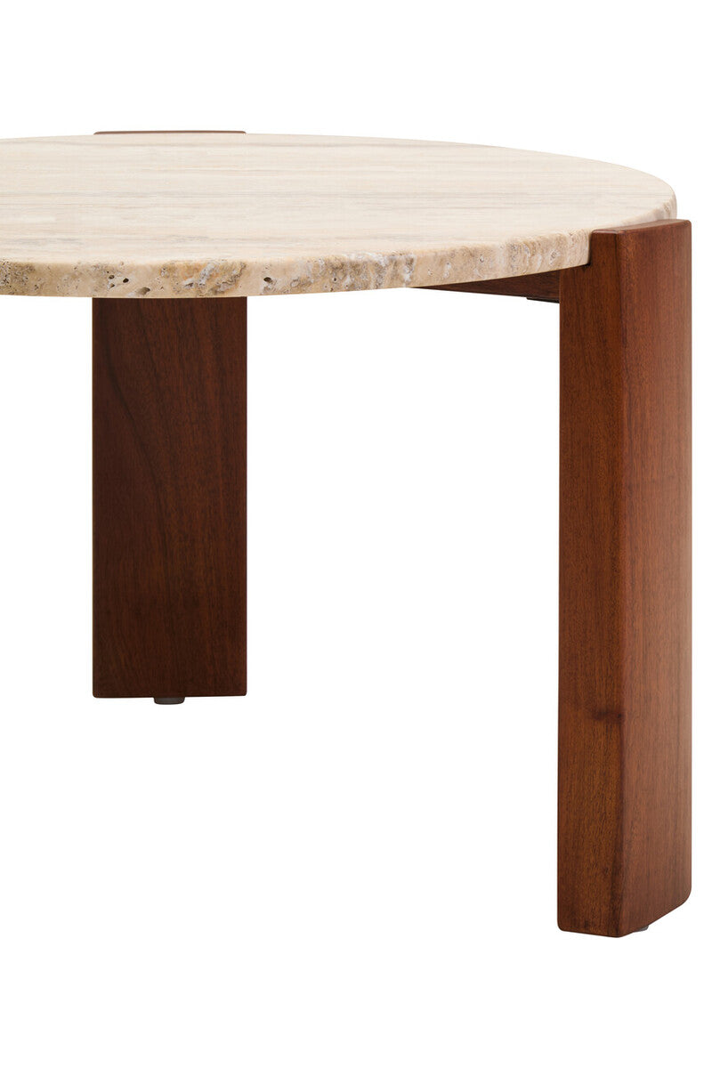 Cream Travertine Top Small Round Coffee Table with Natural Brown Acacia Wood Legs, Palermo