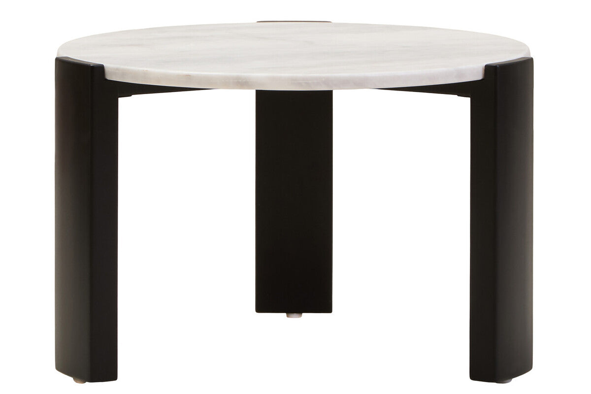 White Round Marble Top Small Coffee Table with Black Acacia Legs, Palermo