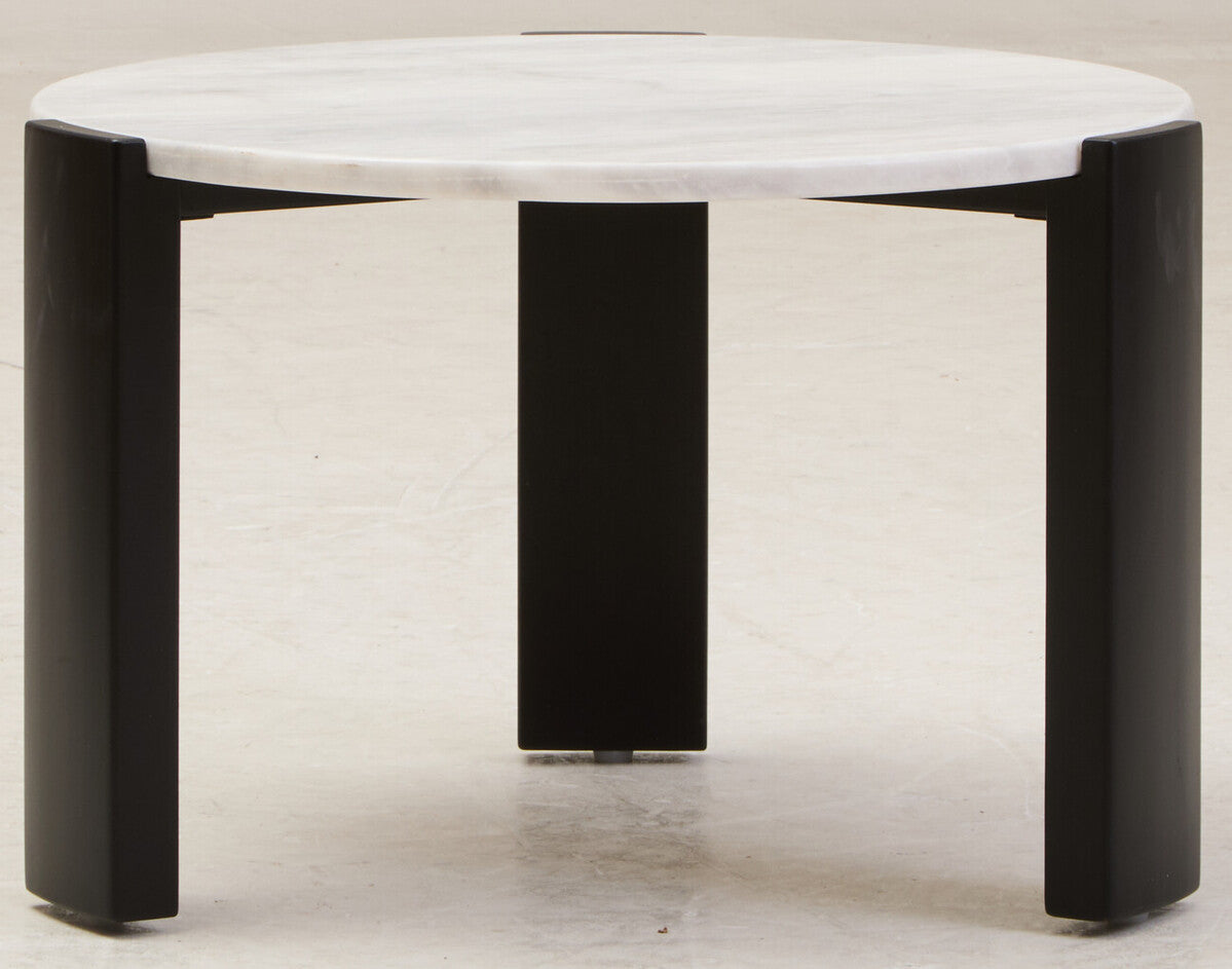 White Round Marble Top Small Coffee Table with Black Acacia Legs, Palermo