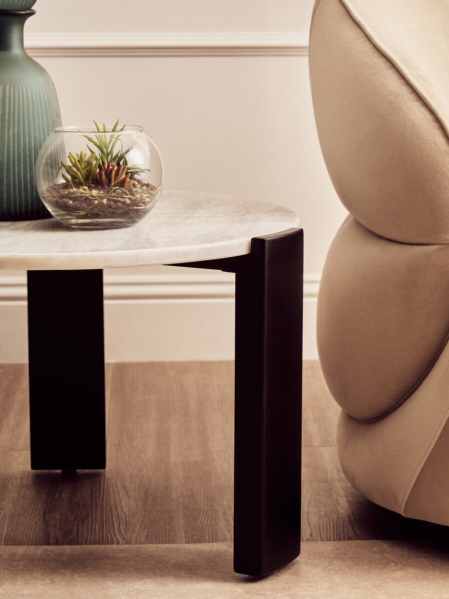White Round Marble Top Small Coffee Table with Black Acacia Legs, Palermo
