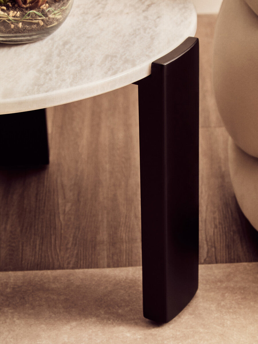 White Round Marble Top Small Coffee Table with Black Acacia Legs, Palermo