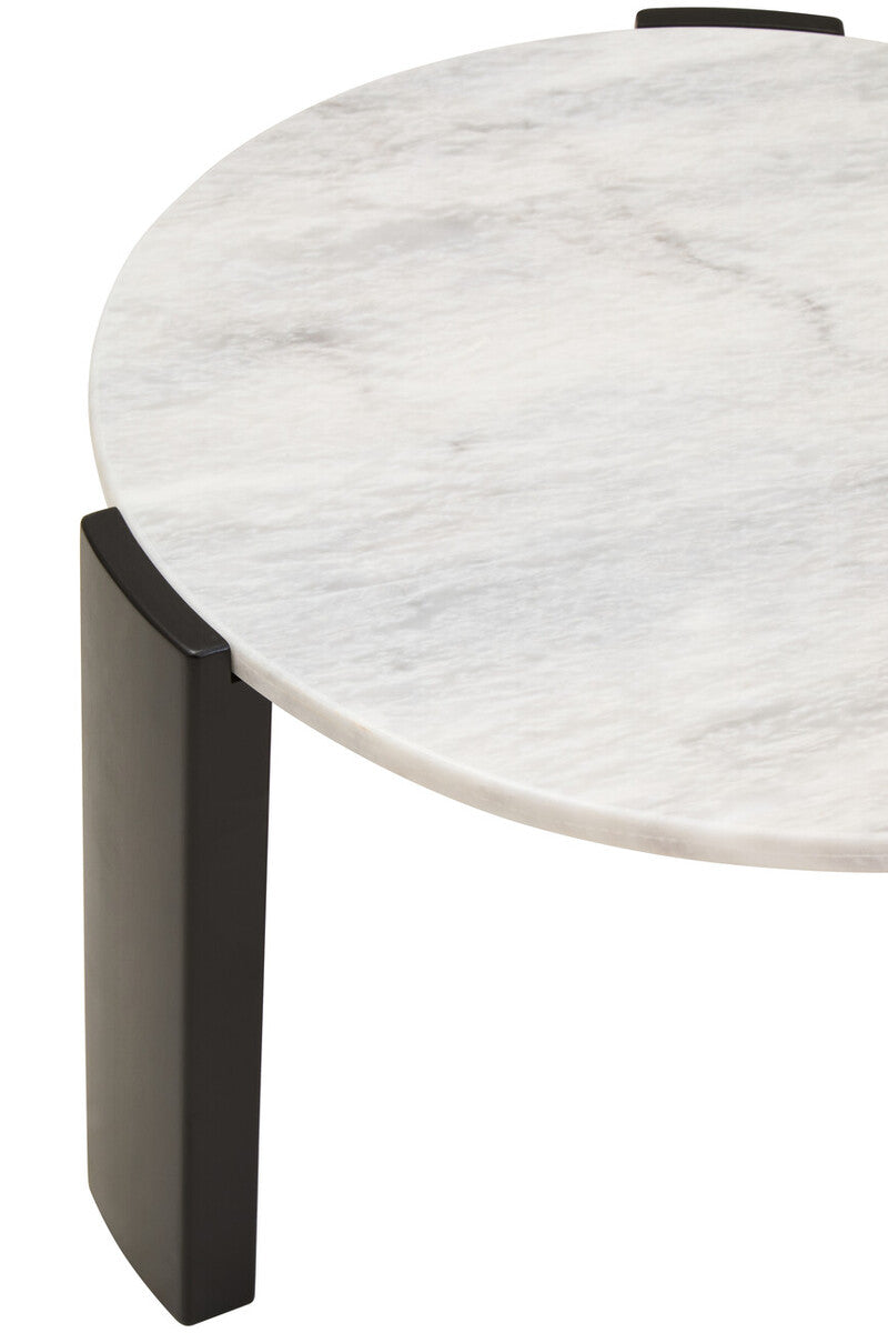 White Round Marble Top Small Coffee Table with Black Acacia Legs, Palermo