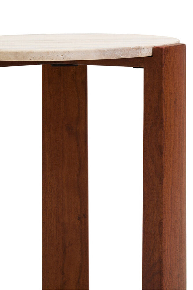 Cream Travertine Top Round Side Table with Natural Brown Acacia Wood Base, Palermo
