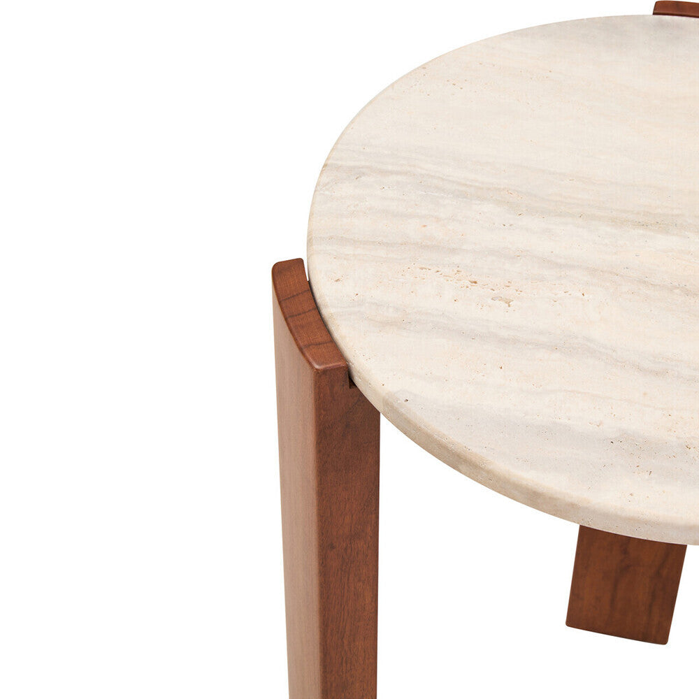 Cream Travertine Top Round Side Table with Natural Brown Acacia Wood Base, Palermo