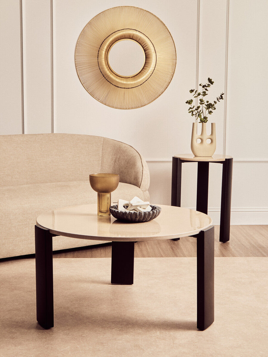 Cream Marble Top Round Side Table with Black Acacia Wood Legs, Palermo