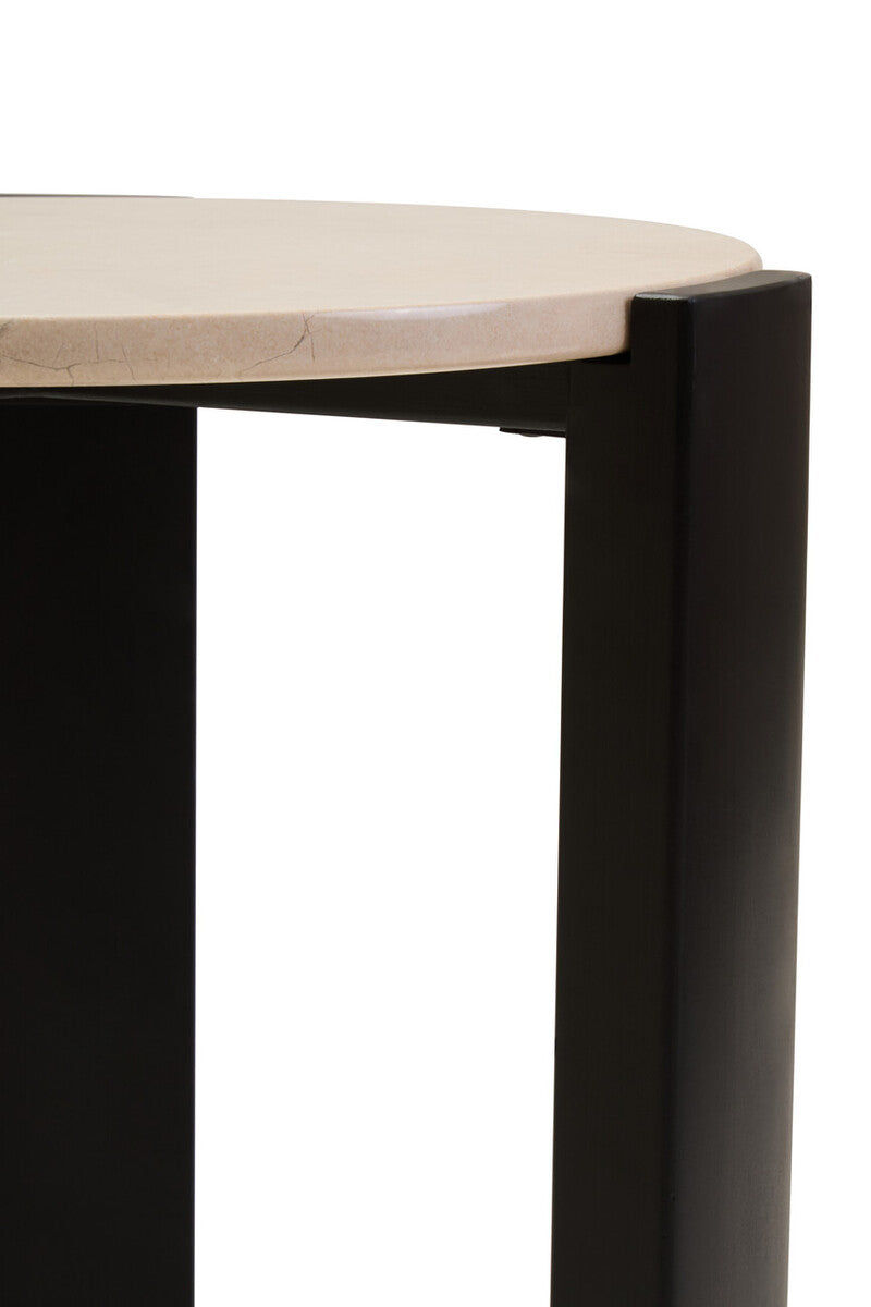 Cream Marble Top Round Side Table with Black Acacia Wood Legs, Palermo