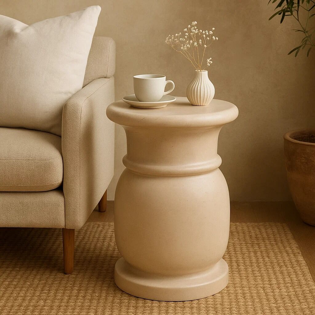Cream Marble Multi Use Stool and Side Table with Refined Smooth Surface, Zoro