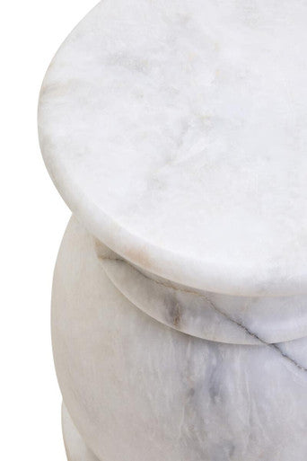 White Marble Multi Use Stool and Side Table with Refined Smooth Surface, Zoro