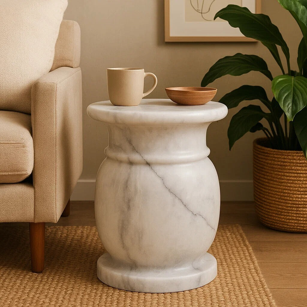 White Marble Multi Use Stool and Side Table with Refined Smooth Surface, Zoro