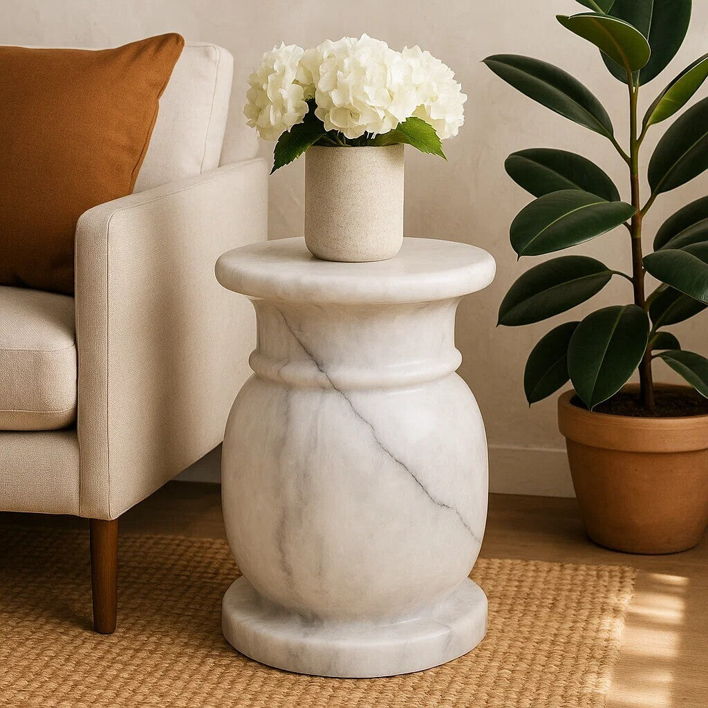 White Marble Multi Use Stool and Side Table with Refined Smooth Surface, Zoro