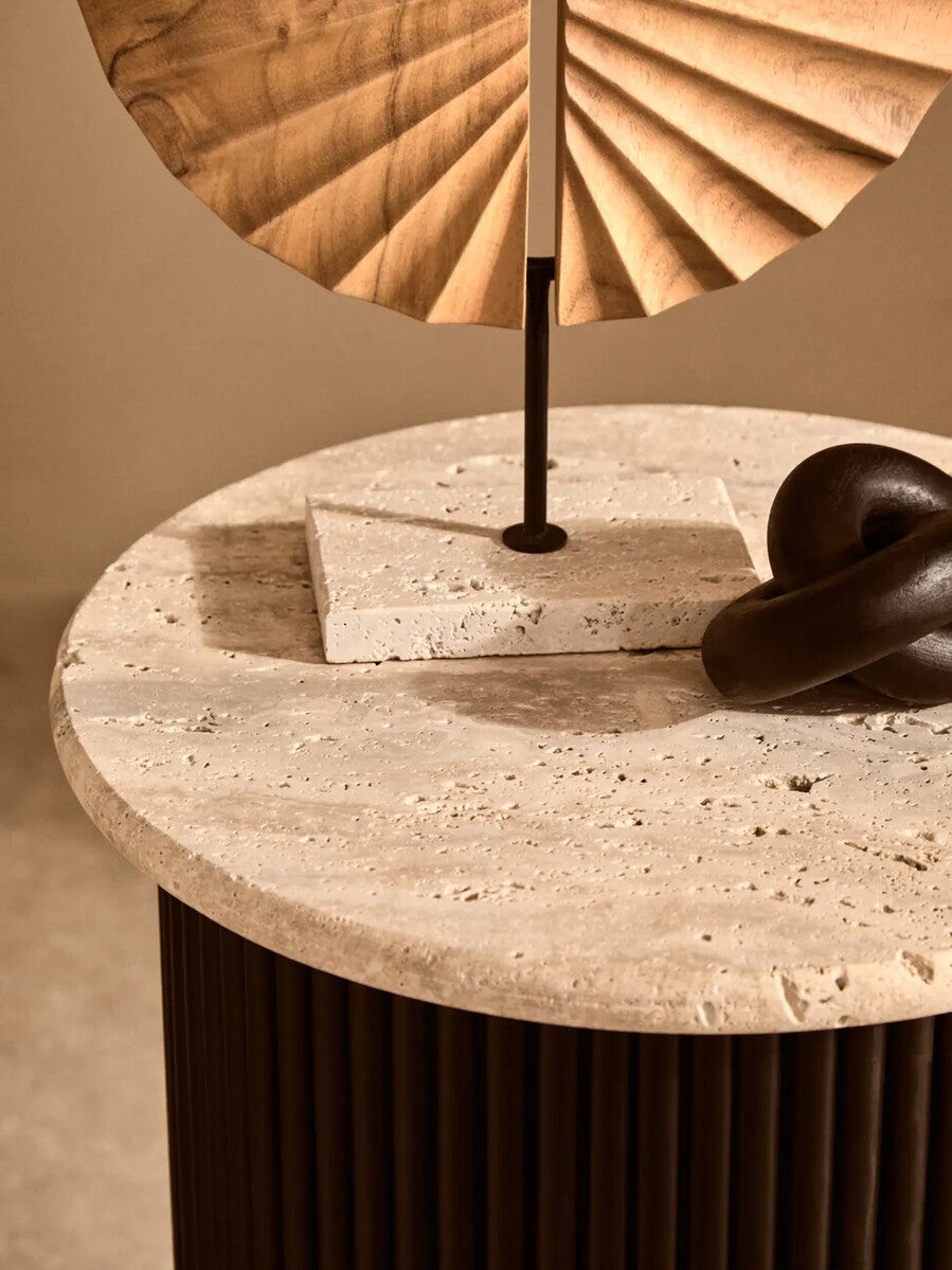 Cream Polished Travertine Top Side Table with Ridged Black Acacia Wood Cylindrical Base, Walton