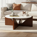 Cream Travertine Top Coffee Table with Brown Acacia Wood Geometric Frame | Winton