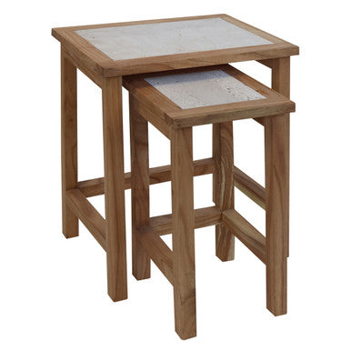 Set of 2 Cream Travertine Top Small Nesting Console Tables with Natural Acacia Wood Frames, Womad