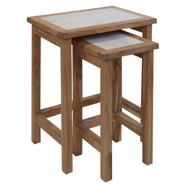 Set of 2 Cream Travertine Top Small Nesting Console Tables with Natural Acacia Wood Frames, Womad
