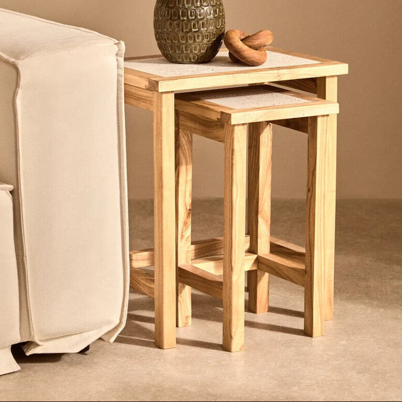 Set of 2 Cream Travertine Top Small Nesting Console Tables with Natural Acacia Wood Frames, Womad