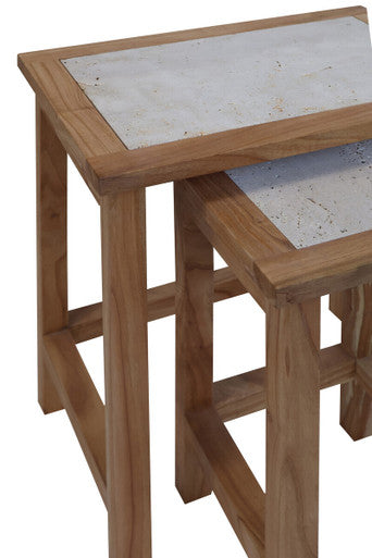 Set of 2 Cream Travertine Top Small Nesting Console Tables with Natural Acacia Wood Frames, Womad