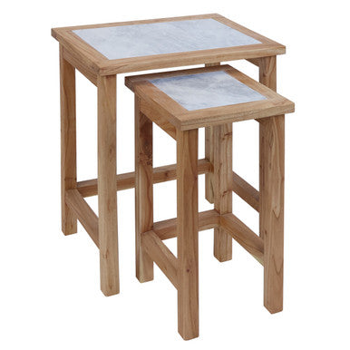 Set of 2 Small White Marble Top Nesting Side Tables with Natural Wood Frames, Womad