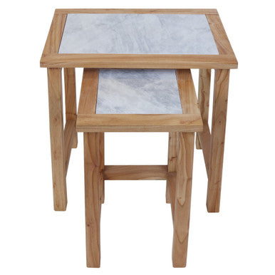 Set of 2 Small White Marble Top Nesting Side Tables with Natural Wood Frames, Womad