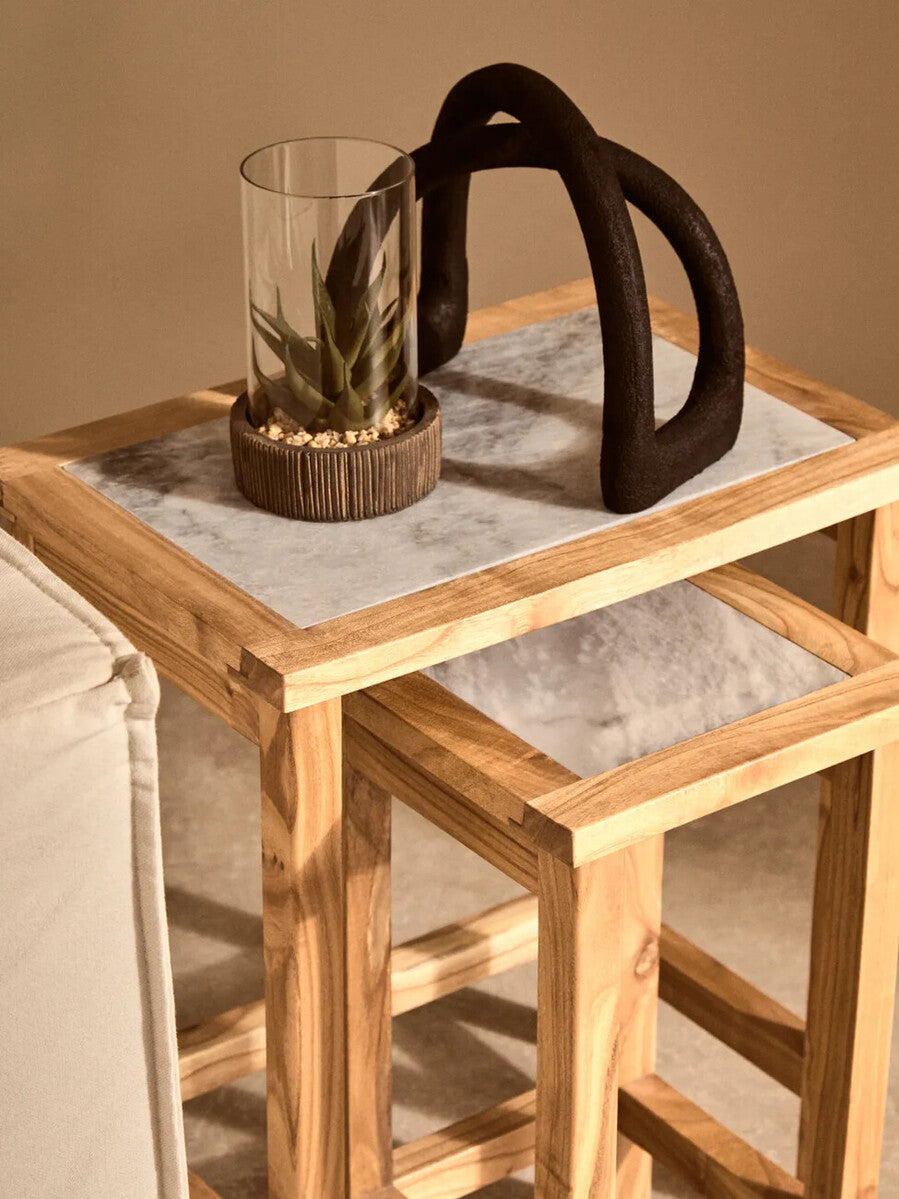 Set of 2 Small White Marble Top Nesting Side Tables with Natural Wood Frames, Womad