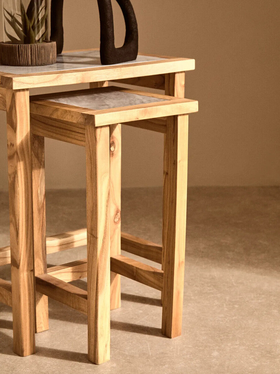 Set of 2 Small White Marble Top Nesting Side Tables with Natural Wood Frames, Womad