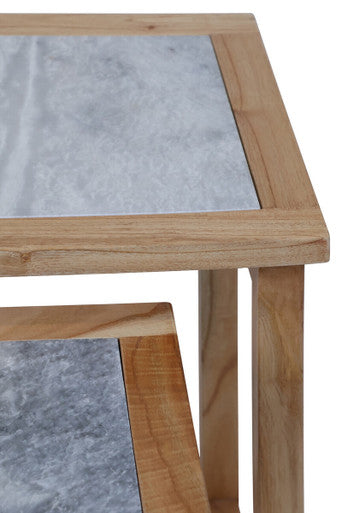 Set of 2 Large White Marble Top Nesting Side Tables with Natural Wood Frames, Womad