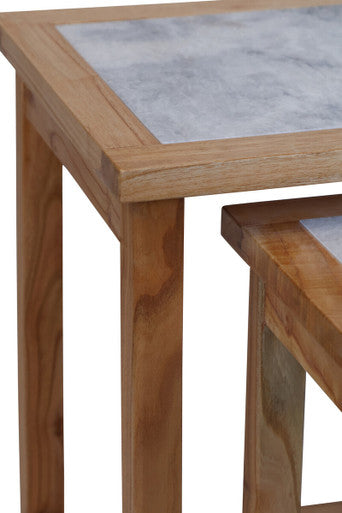 Set of 2 Large White Marble Top Nesting Side Tables with Natural Wood Frames, Womad