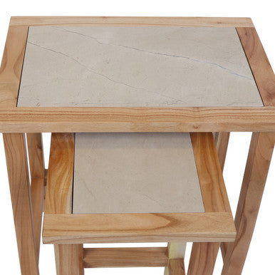 Set of 2 Small Cream Marble Top Nesting Side Tables with Natural Wood Frames, Womad