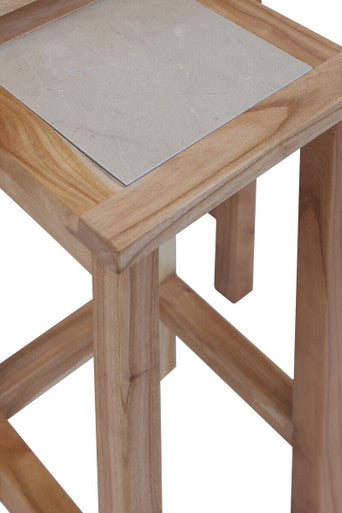 Set of 2 Small Cream Marble Top Nesting Side Tables with Natural Wood Frames, Womad