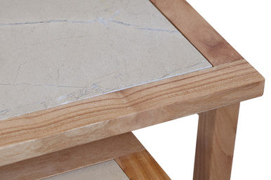 Set of 2 Small Cream Marble Top Nesting Side Tables with Natural Wood Frames, Womad