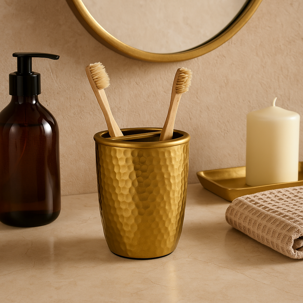 Allegra Gold Aluminium Toothbrush Holder with Hammered Effect