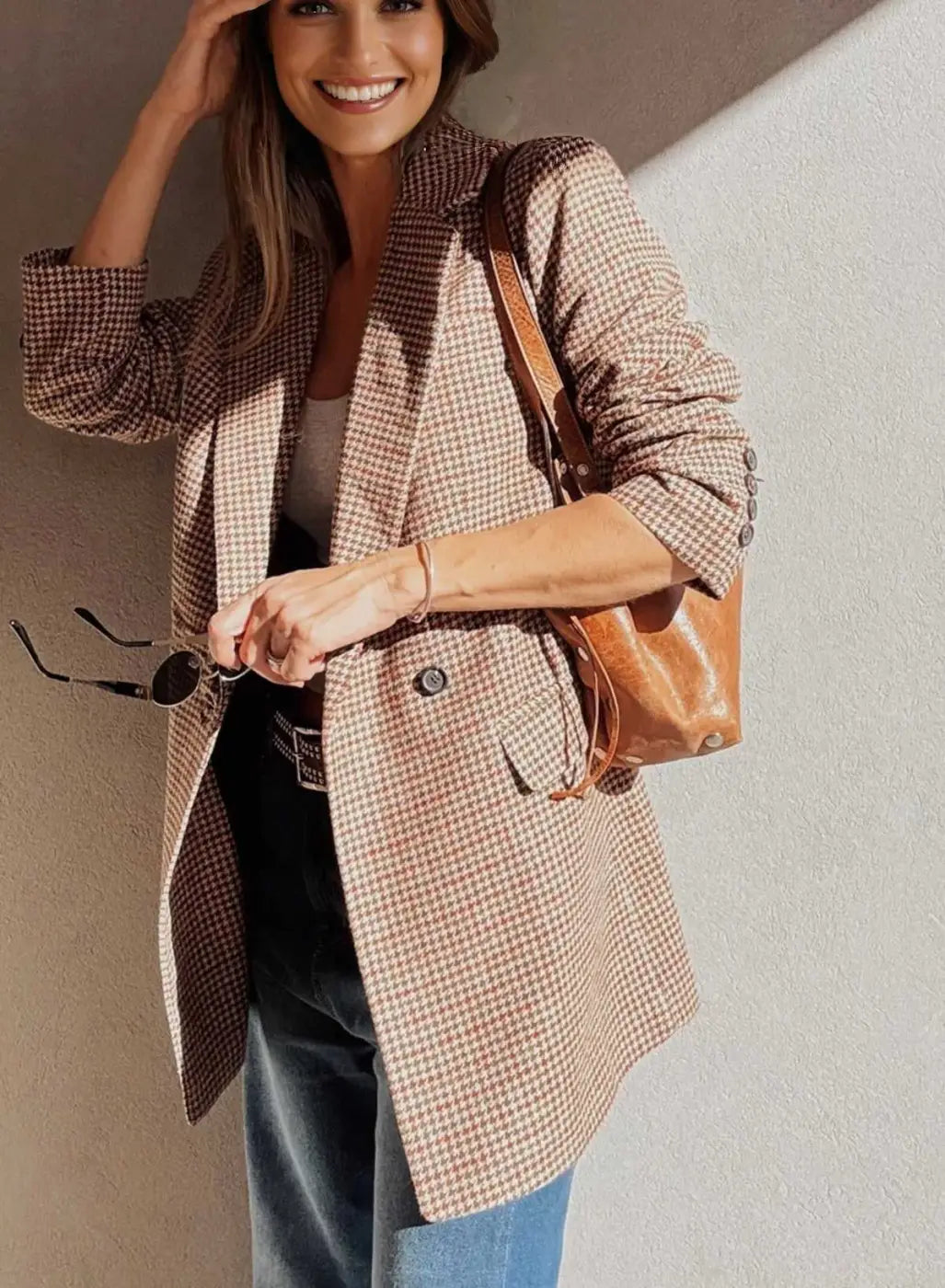 Brown Houndstooth Fitted Blazer Women UK