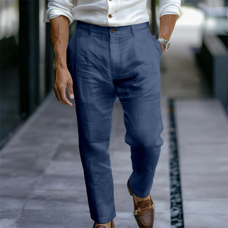 Men's Linen Trousers Solid Color Breathable Casual Pants Outdoor Clothing