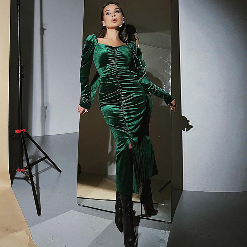 Women's Pleated Slim Fit Slit Long-sleeved Dress