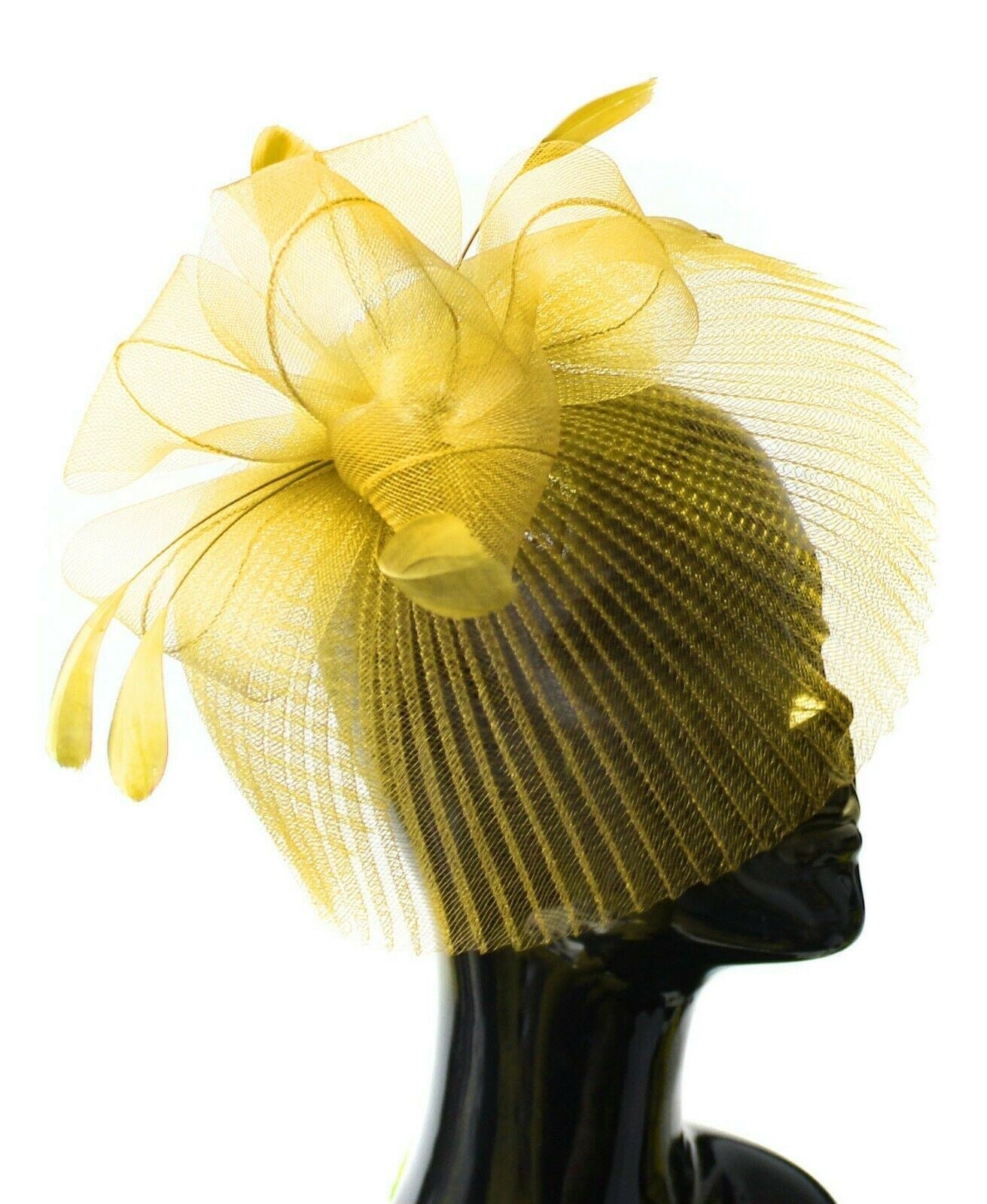Yellow Veil Fan Feathers Fascinator on Headband Wedding Races Net Hat Big