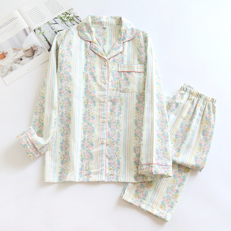 Japanese Sweet Ladies' Homewear Cotton Double-layer Gauze New Long-sleeved Trousers Two-piece Set