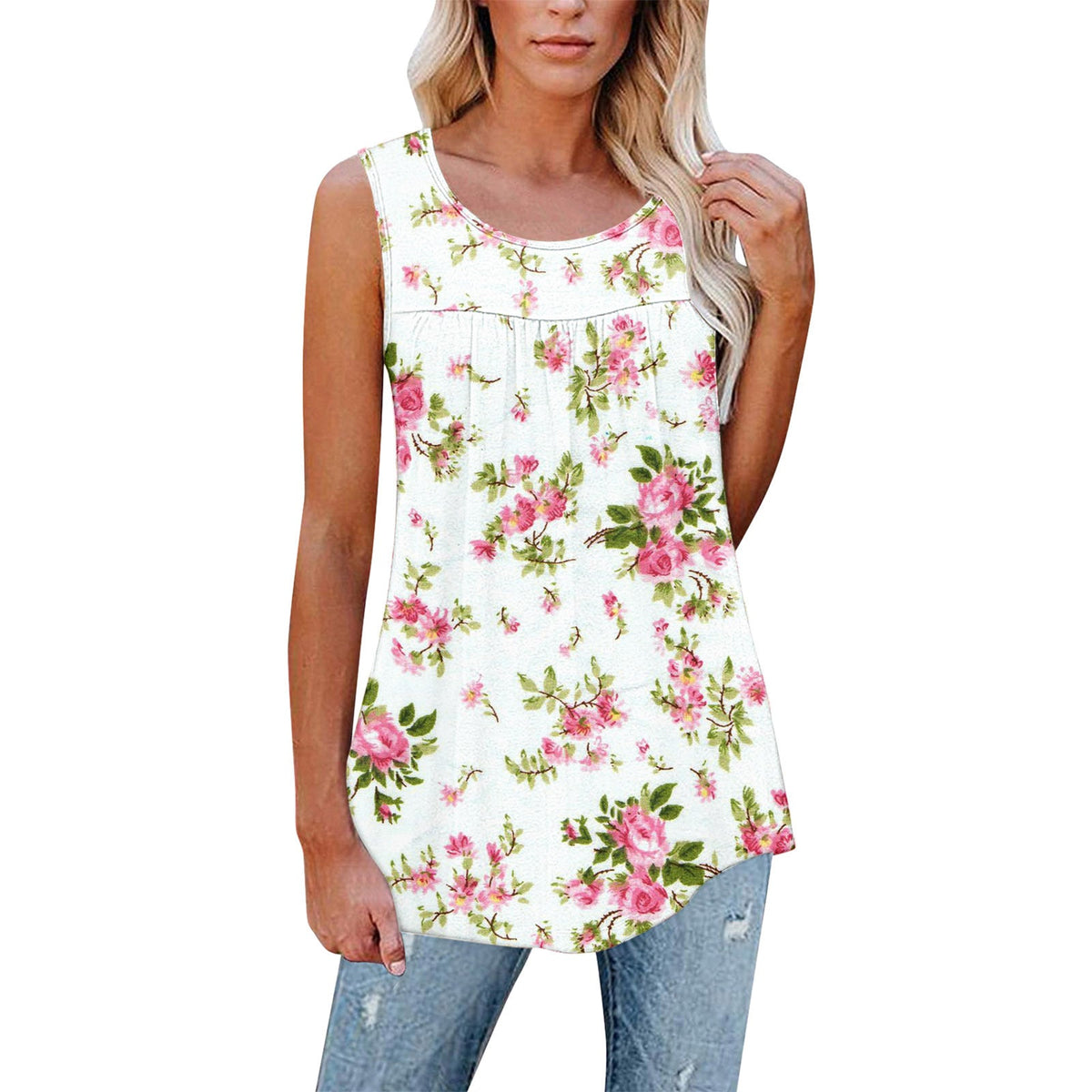 Flower Print Sleeveless Pleated Casual Loose Vest T-shirt Women's Clothing