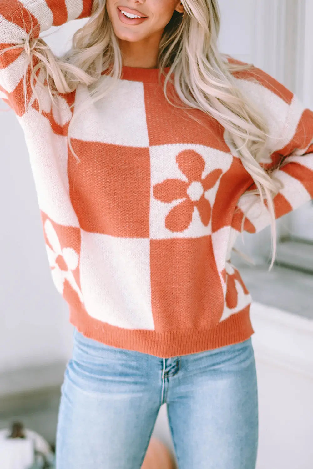Checkered Floral Print Striped Sleeve Sweater Women UK