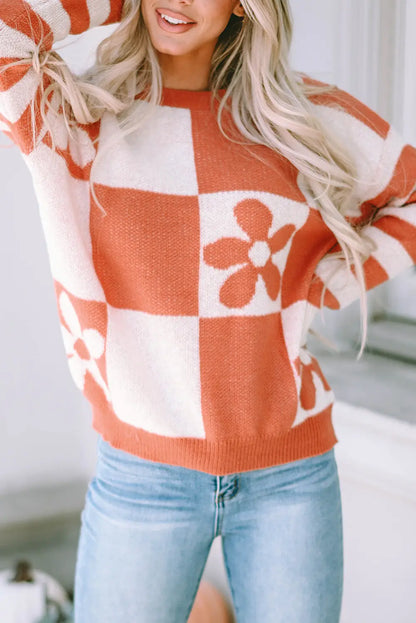 Checkered Floral Print Striped Sleeve Sweater Women UK