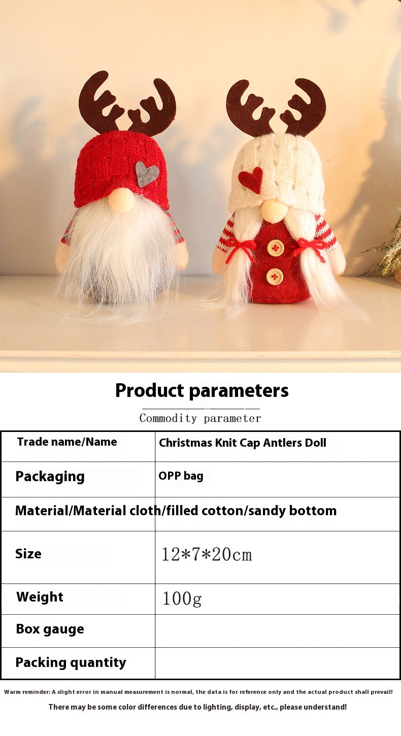 Handmade Scandinavian Christmas Gnome - Rudolf Reindeer Faceless Doll with Knitted Hat & Antlers | Nordic Holiday Table Decoration