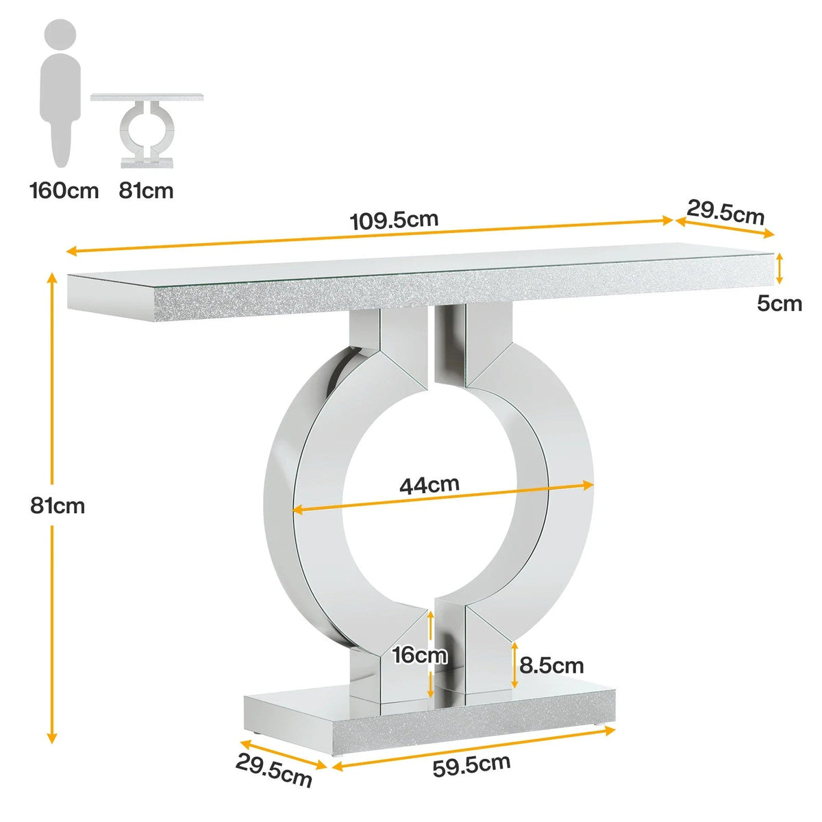 Mirrored Console Table – 110cm | Modern Minimalist Entryway Table | Glass Top | Light Grey & Silver